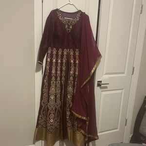 Elegant Maroon and Gold Embroidered Dress